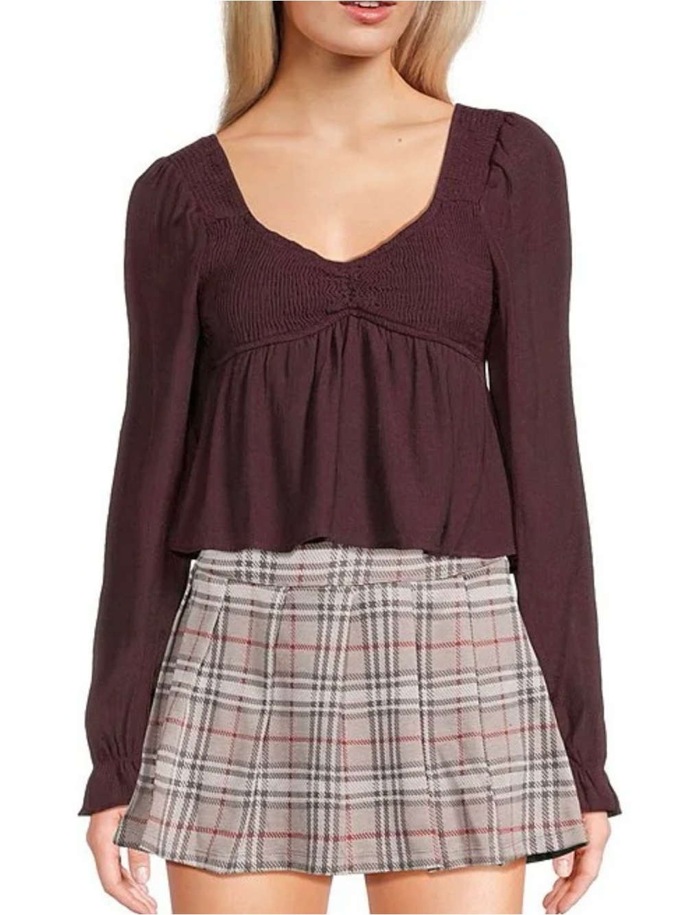 Honey & Sparkle Smocked V-Neck Long Sleeve Top - Dark Plum PTP 14”-17”